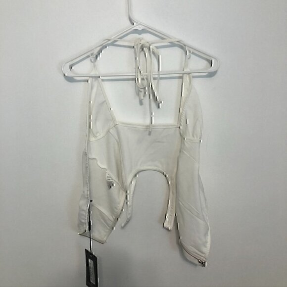 NEW NWT PRETTYLITTLETHING Woven Cross Front Cutout Stirrup Hem Top Cream Ivory 8 - Picture 11 of 12